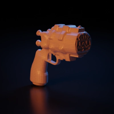 Futuristic revolver with large ammunition cylinders.