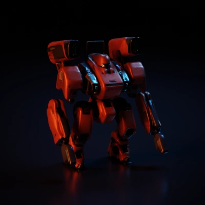 Battle-ready mech, heavily armored with laser weapons.