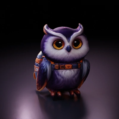 Chibi owl with backpack, adventure vibes, fantasy setting. Jetpack on the back