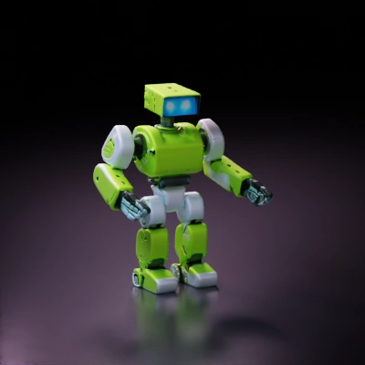 Boxy humanoid robot, friendly design, blue eyes, smile.