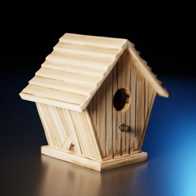 Wooden birdhouse with circular entrance. sitting on a tall pole