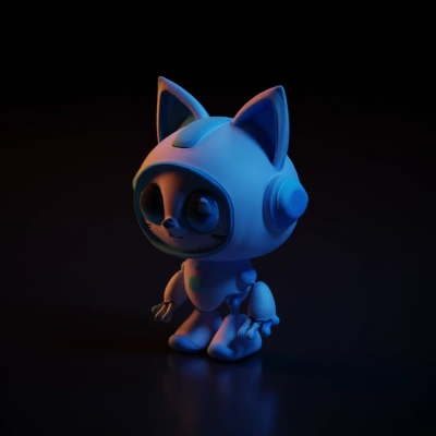Robot cat, cute and futuristic, humanoid form, big eyes.