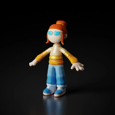 Stylized character girl wearing casual clothes and sunglasses. ribbon in hair