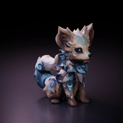 Small fantasy fox creature, ornate patterns, 3D art.