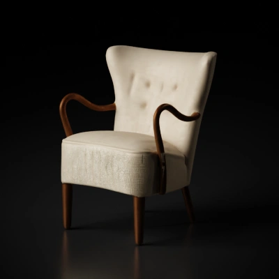 Retro-style highback armchair with capitoned backrest, wooden arms and legs. visible detailed seams