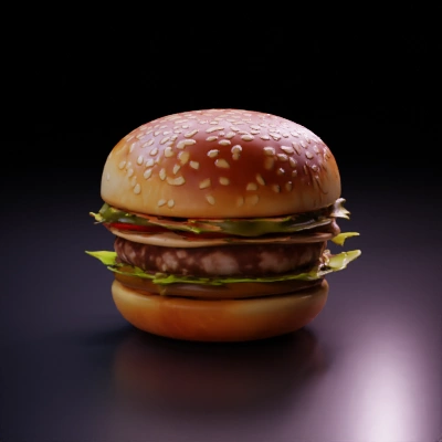 Vegetable-topped juicy hamburger with sesame-seed bun.