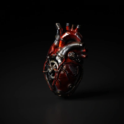 Mechanical heart with gears and pipes.