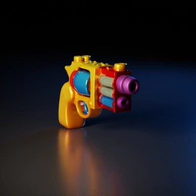 Toy gun with cylindrical barrels, playful design.