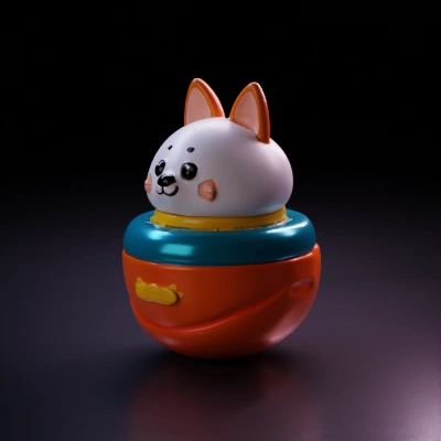 Toy cat with big eyes, round base.