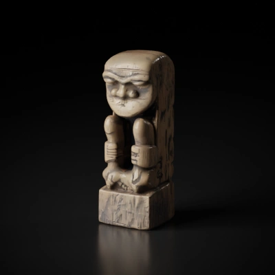 Carved wooden totems, humanoid figures, traditional design.