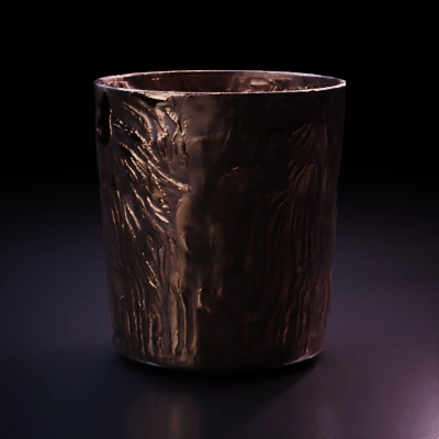Textured cup with intricate patterns, wood-like.