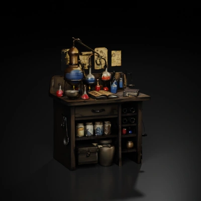 Alchemy lab table setup.