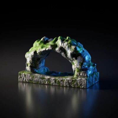 Rock arch with moss and greenery.