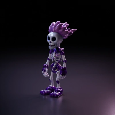 Humanoid skeleton with spiky purple hair, purple armor, cartoon style.