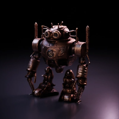 Steampunk robot with multiple gears and intricate design.