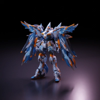Giant robot with wings, futuristic armor and weaponry.