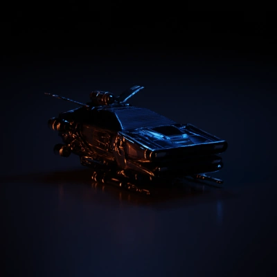 Futuristic starship with detailed structures, wings, jet engines.