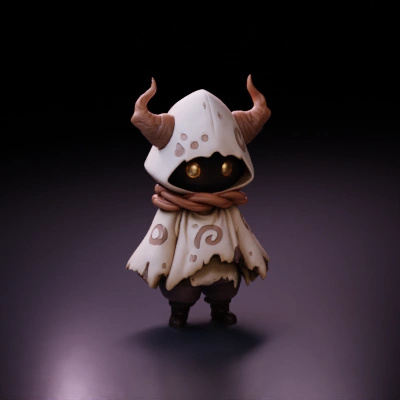 Horned hooded character with cape.