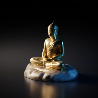Buddha statue, meditative posture, seated on a pedestal.