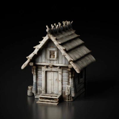 Rustic medieval wooden hut with thatched roof.