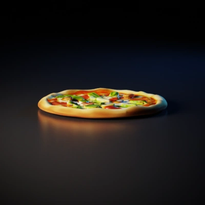 Pizza with various toppings, round shape.