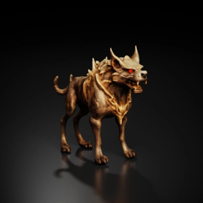 Fierce demonic wolf-like creature, sharp fangs, intimidating.
