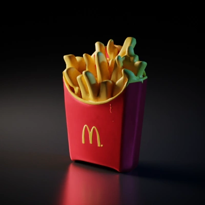 Box of french fries, fast food logo.