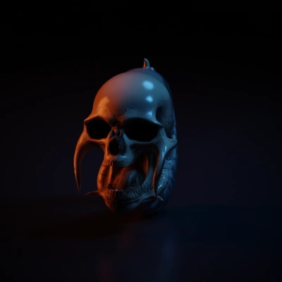 Curled skeletal creature with horned skull, large teeth, dark atmosphere.