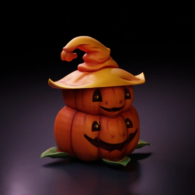 Stacked cartoon pumpkins with a witch hat on top.