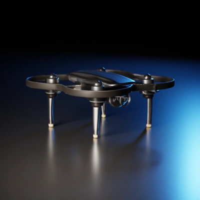Quadcopter drone, camera attached, propeller guards.