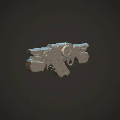 Futuristic handheld firearm, sci-fi weapon. . symmetric geometry, complex geometry, sharp edges.