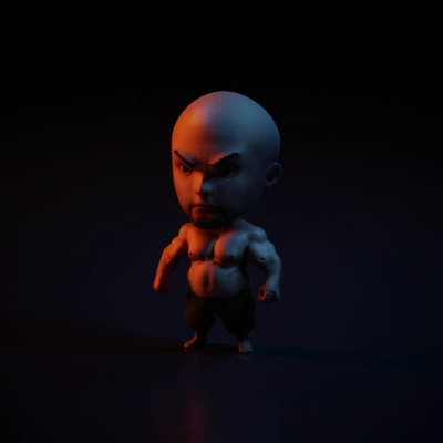 Muscular bald cartoon figure, intense expression.