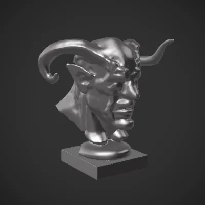 Sculpted bust with horns and human-like features. complex geometry, character
