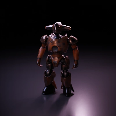 Post-apocalyptic heavy-duty mech, humanoid with worn armor.