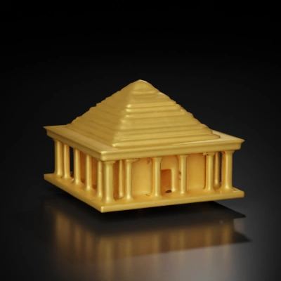 Ancient temple with pillars and pyramid roof.
