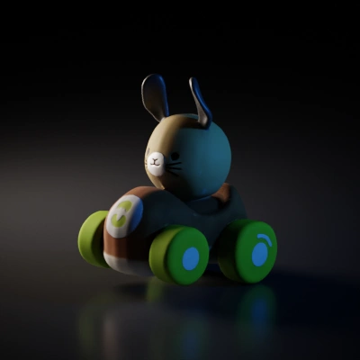 Plush rabbit on a wheeled toy base. Transparent material.