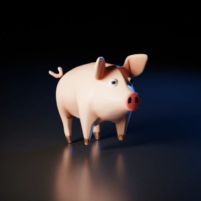 Cartoon pig with big eyes and curled tail.
