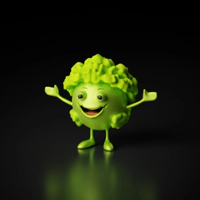 Broccoli-like cartoon character with eyes, mouth, arms.