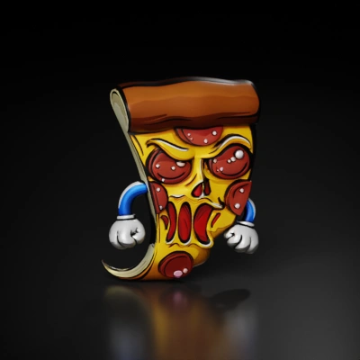 Animated pizza slice character.