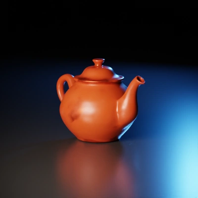 Teapot with curved spout and handle.
