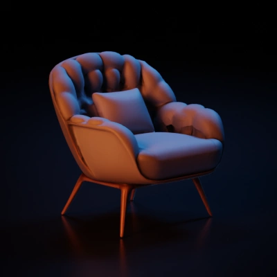Modern cushioned armchair with wooden legs.