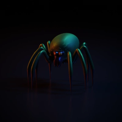 Giant spider with menacing red eyes and multiple legs.  Detailed face and eyes.