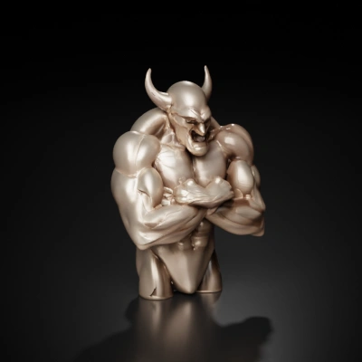 Muscular demon-like creature with horns, fierce expression.