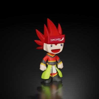 Cartoonish character with spiky hair, smiling face.