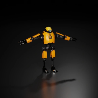 Humanoid robot with one eye and mechanical limbs, T-pose.