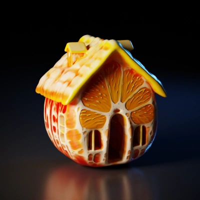 House made from sliced fruit, windows and door carved.