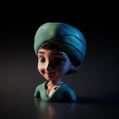 Smiling child with traditional headwear, animated style.