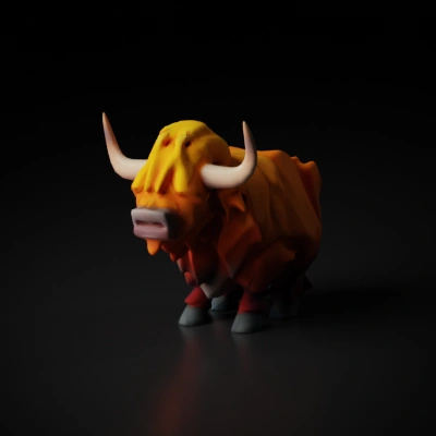 Furry yak with stylized design.