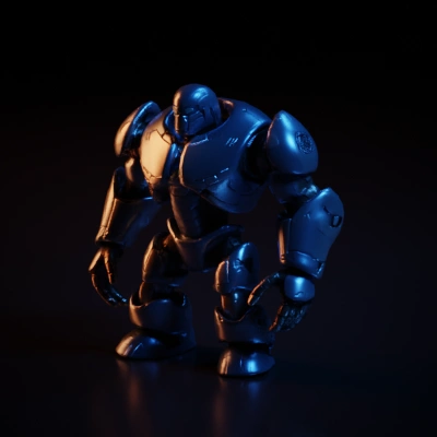Battle mech with heavy armor plating, humanoid form, 5 fingers, intimidating monster.