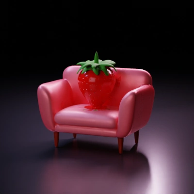 Giant strawberry on a sofa.